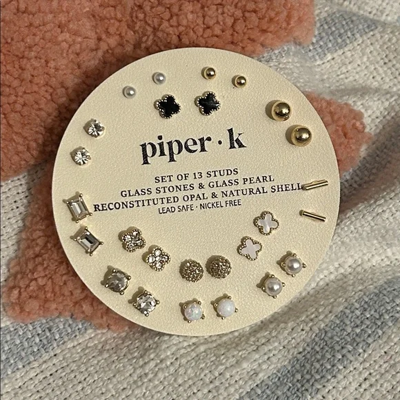 NWT Piper K Gold and Black Stud Earring Set of 12 Opal Shell glass stones - Picture 2 of 4